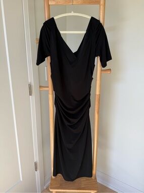 Maggy London Black V-Neck Ruched Midi with Flutter Sleeves